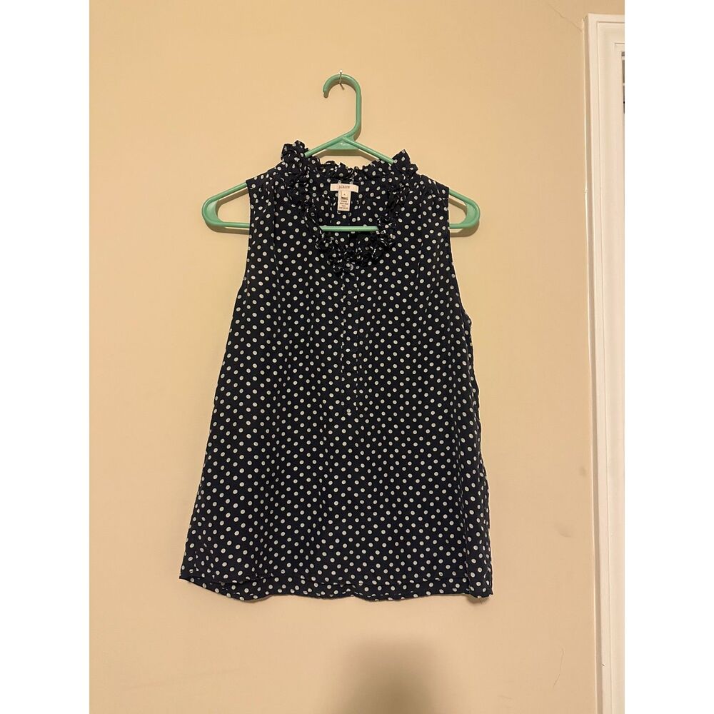 J.Crew 100% Silk Ruffle Neck Polka Dot Sleeveless Blouse Navy Blue Size 6